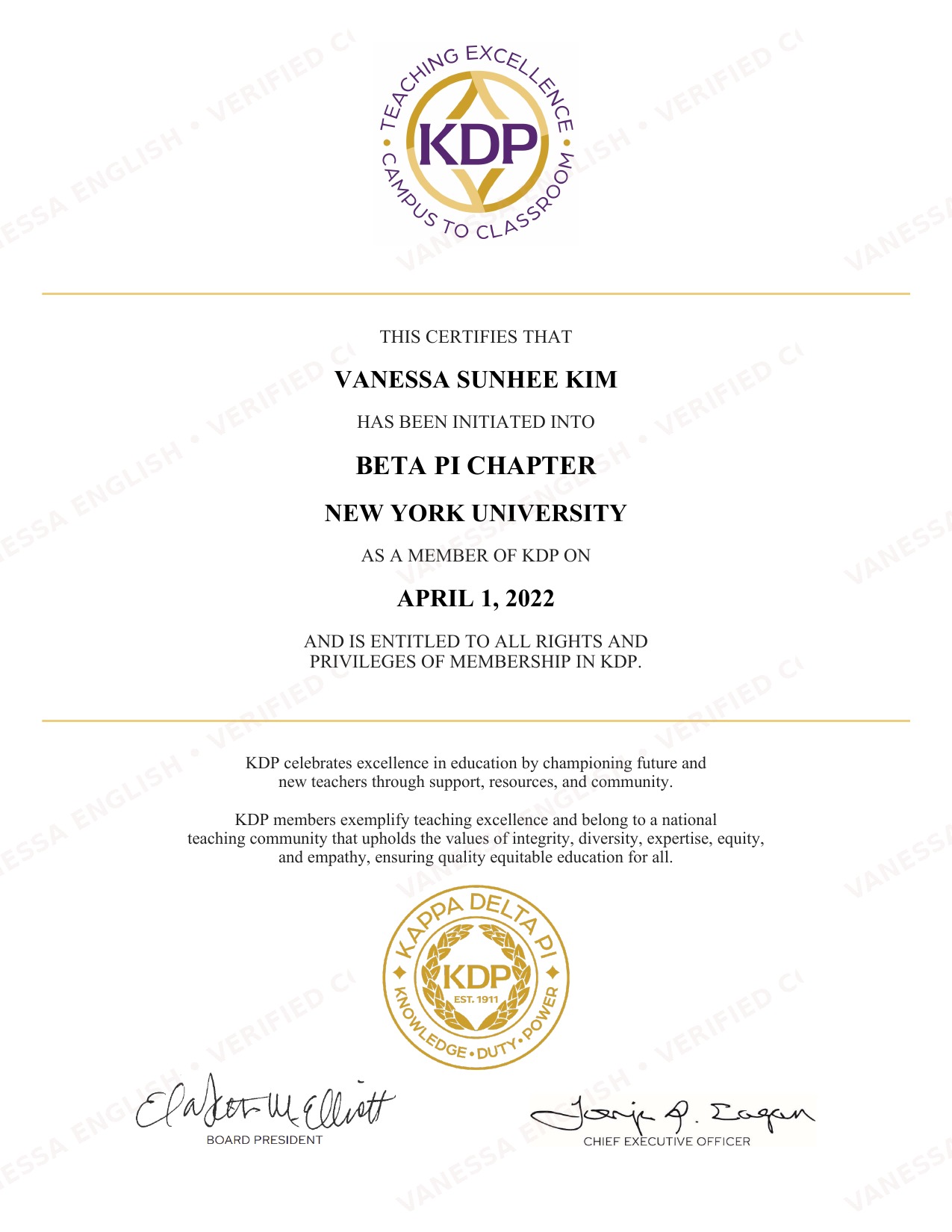 Kappa Delta Pi Certificate — Vanessa English