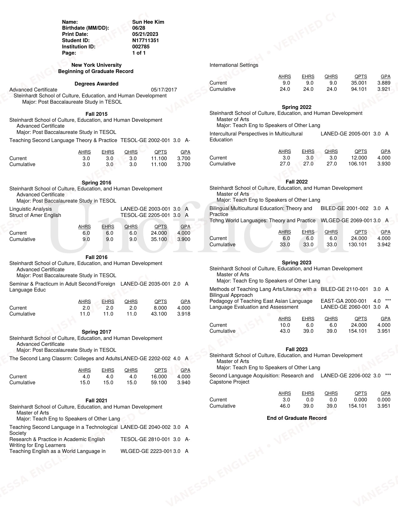 NYU Graduate Record — Vanessa English